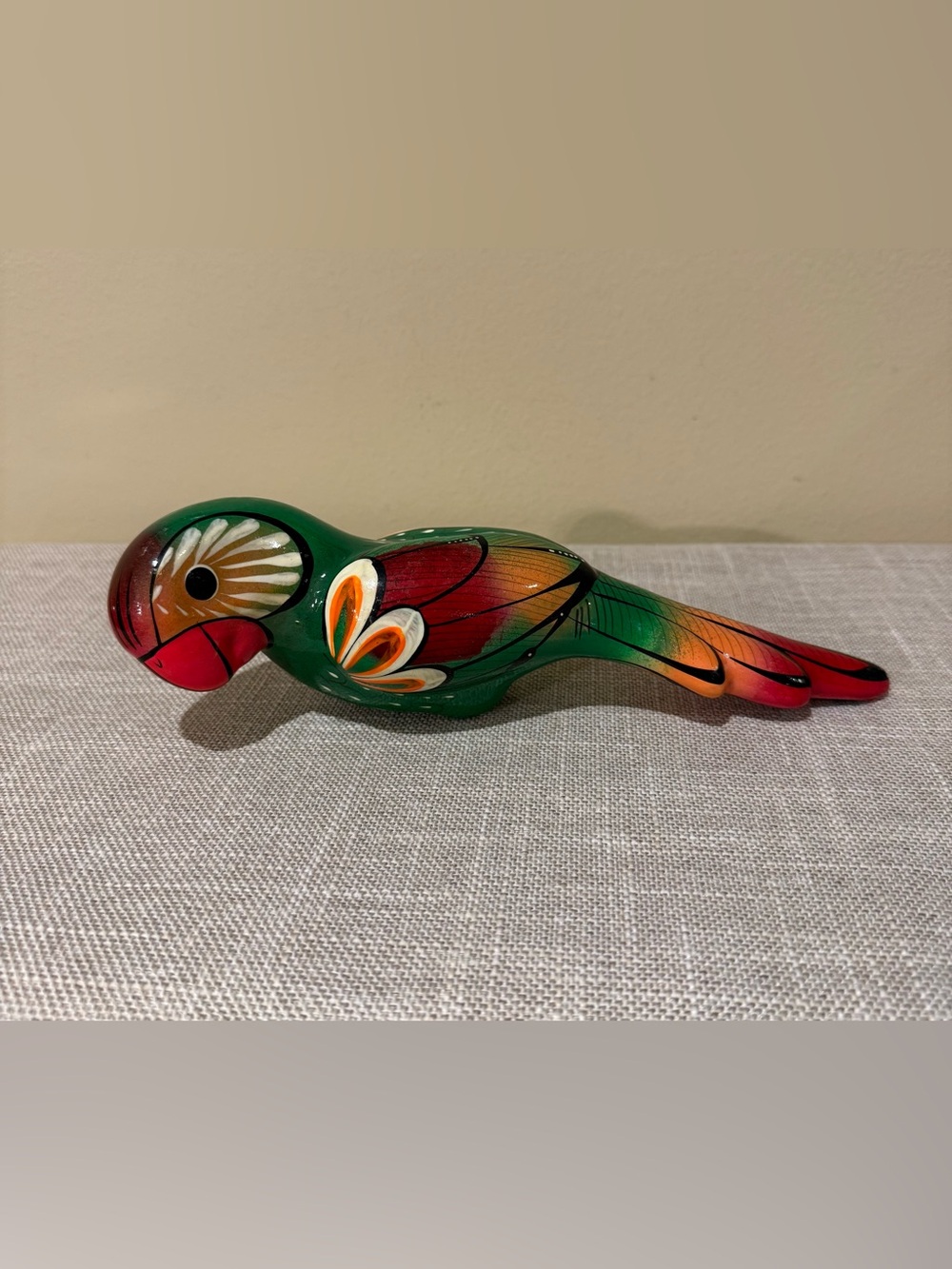 Vintage Tonala Mexican Pottery Green Parrot Figurine Hanging Perch Macaw 9”